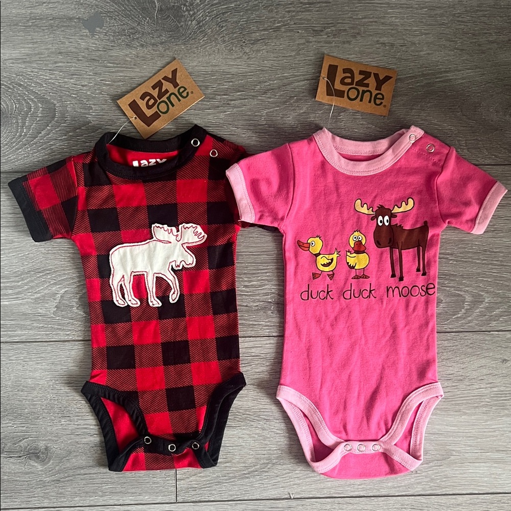 Lazy One Kids Moose and Duck Bodysuit Set - Red and Pink